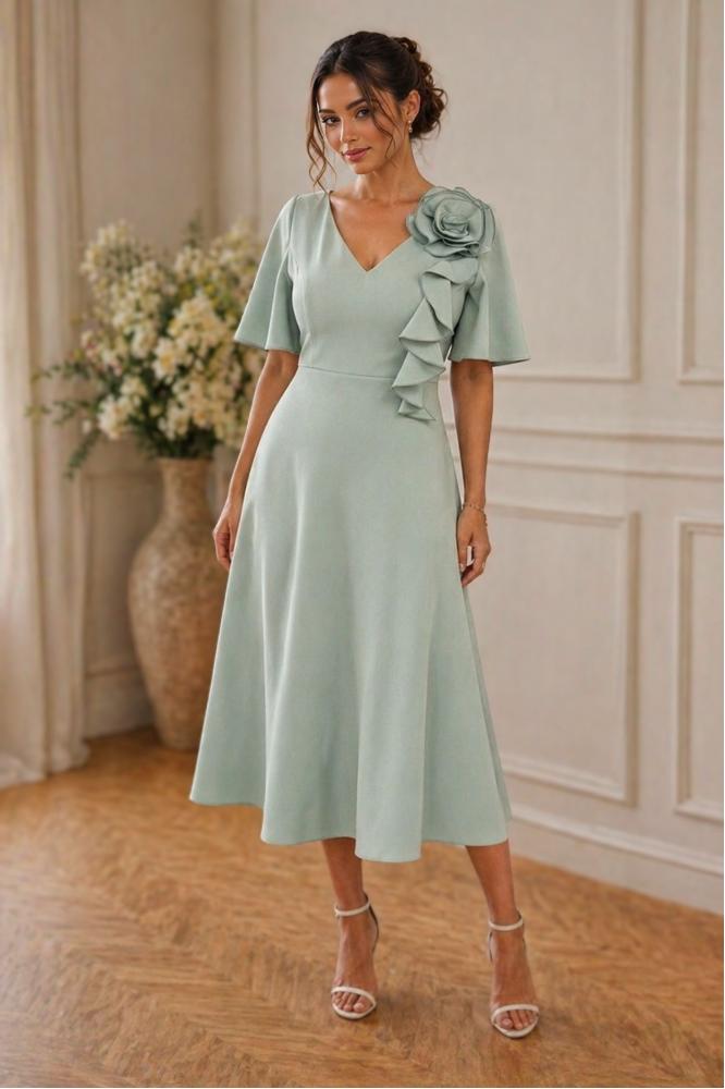 Olivovo-zelené midi áčkové šaty na svadbu Stella