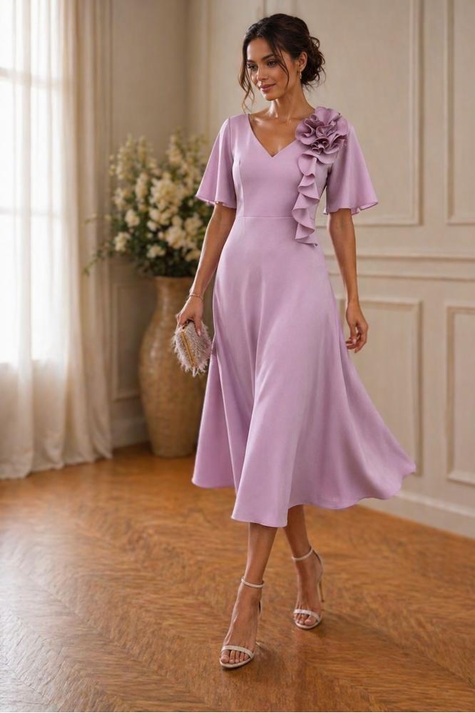 Ružové spoločenské midi šaty na svadbu Stella