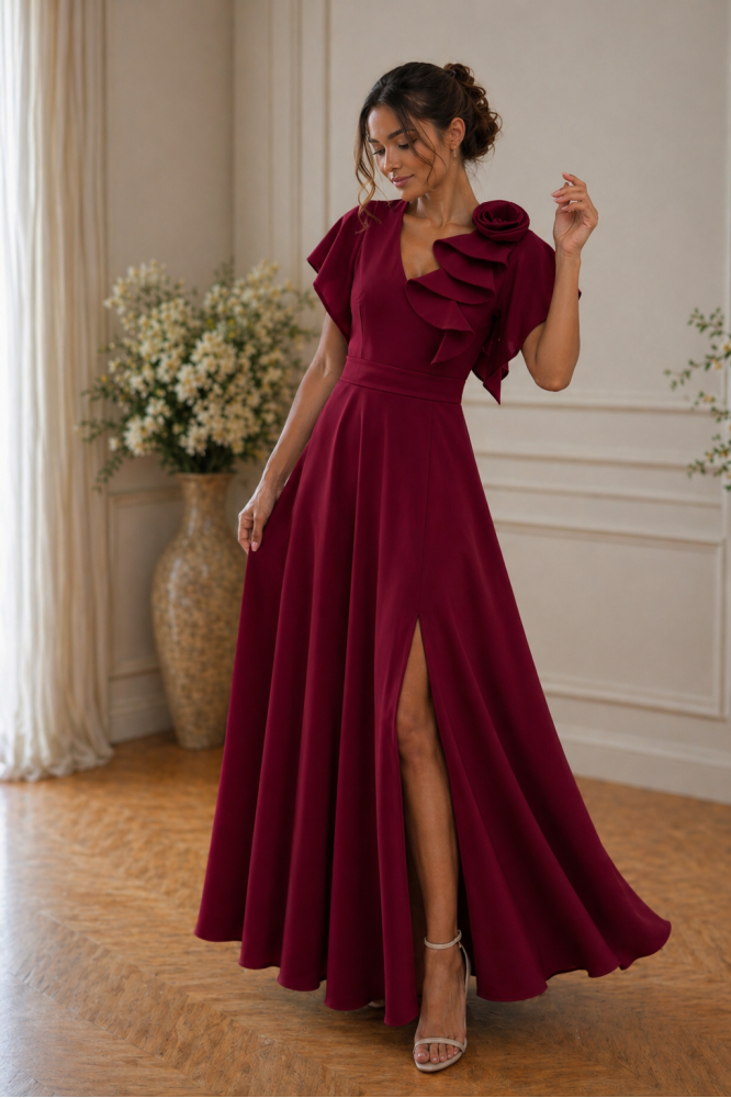 Dlhé bordové spoločeské šaty na svadbu Rose