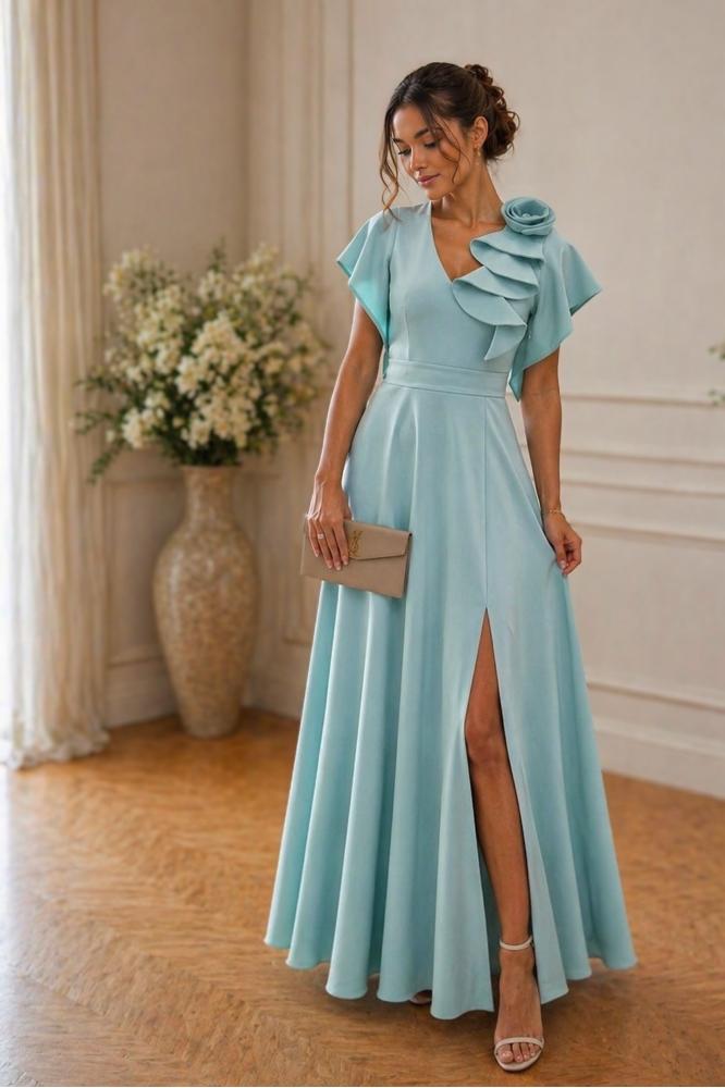 Dlhé mentolové spoločenské šaty na svadbu Rose