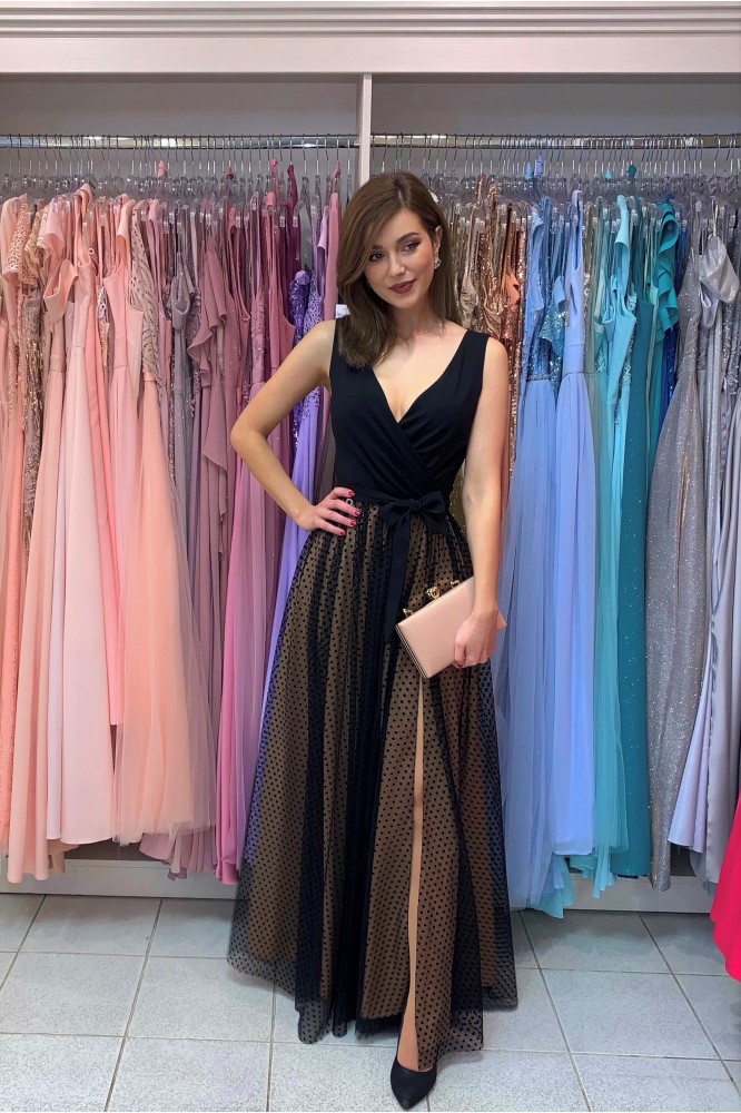 Dlhé šaty s bodkovanou sukňou Black-Nude