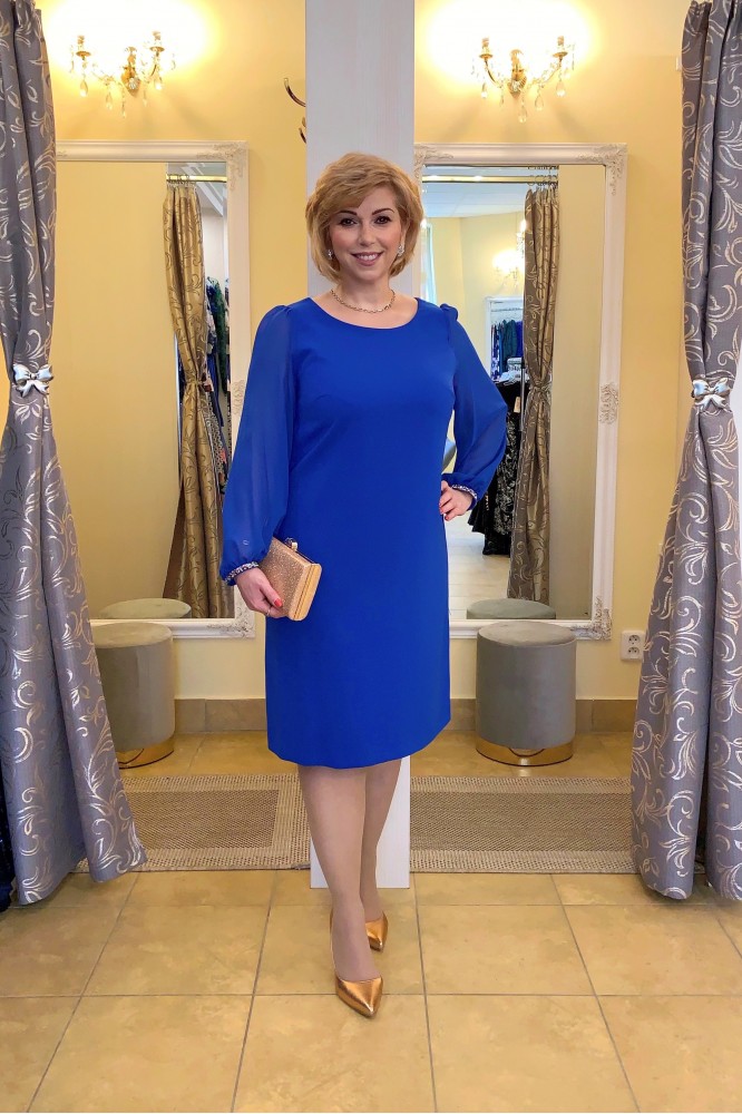 Elegantné modré šaty so šifónovým rukávom