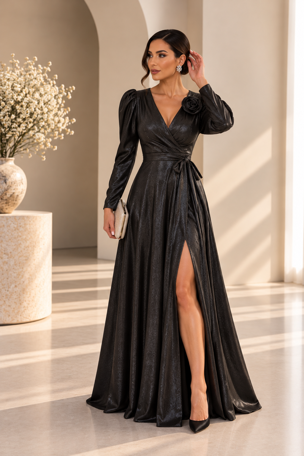 Čierne dlhé plesové šaty s rukávmi a elegantným leskom