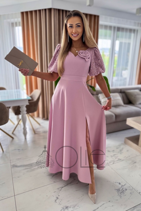 Svetloružové šaty na svadbu s flitrovaným rukávom