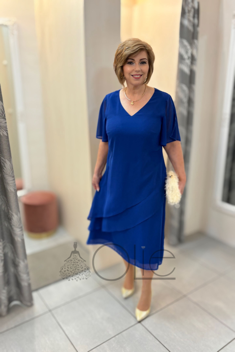 Modré šifónové spoločenské midi šaty na svadbu