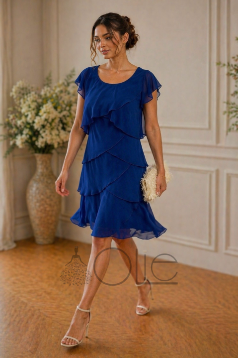 Krátke modré elegantné šaty s volánmi