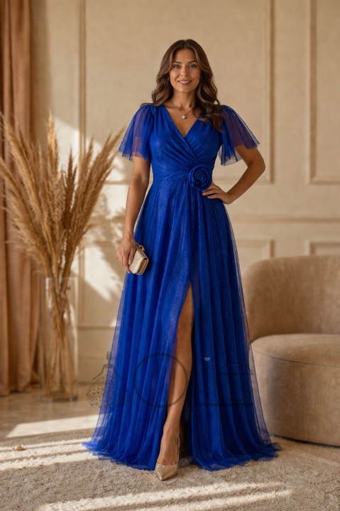 Spoločenské dlhé modré šaty s tylom